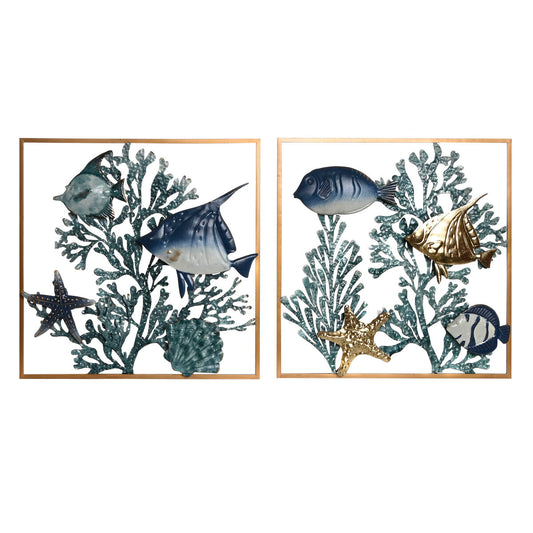 Seinäkoriste Home ESPRIT Sininen Kullattu Välimeren Kalat 50 x 4 x 50 cm (2 osaa)